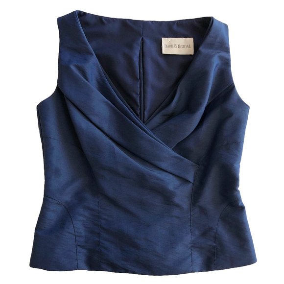 David's Bridal Navy Blue Shiny V Neck Pleated Corset Tank Top / Sleeveless Shirt - Picture 1 of 7